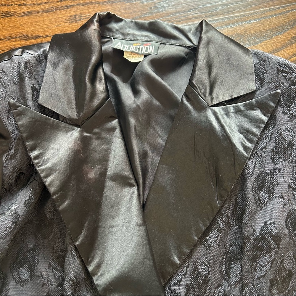 Vintage 90s Addiction Black Jacquard Satin Blazer Size Medium - Picture 2 of 16